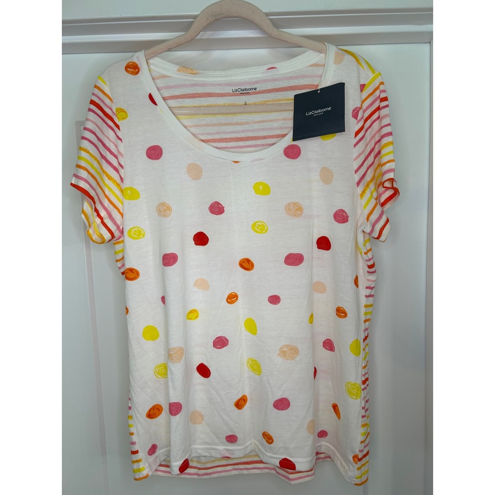 NEW Liz Claiborne New York XL Polka Dot Striped Tee White Multicolor Lightweight